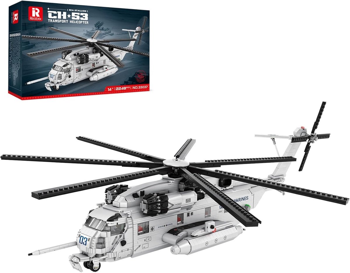 Reobrix - 33037 CH-53 Gevechtshelikopter bouwset | WW2 Army vliegtuig constructie modelbouw | Educatief militair & leger speelgoed bouwpakketten voor kinderen & volwassenen | Blok formaat 4.9mm | 2193 bouwstenen
